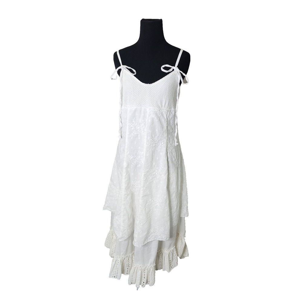 Womens White Cotton Floral Lace Tiered Lined Eyelet Midi Dress L-XL Wedding Fair - Picture 7 of 15
